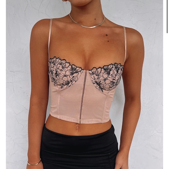 White Fox Boutique tan and black floral corset top - Picture 1 of 9
